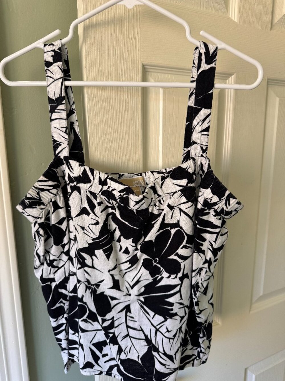 Michael Kors Black & White Tropical Palm Floral Linen Tank Top